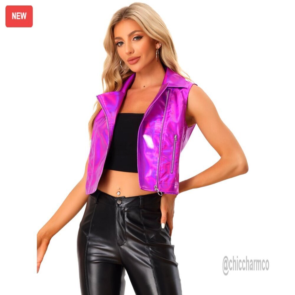 Metallic Faux Leather Vest Cropped Sleeveless Jacket Y2K Party Wear